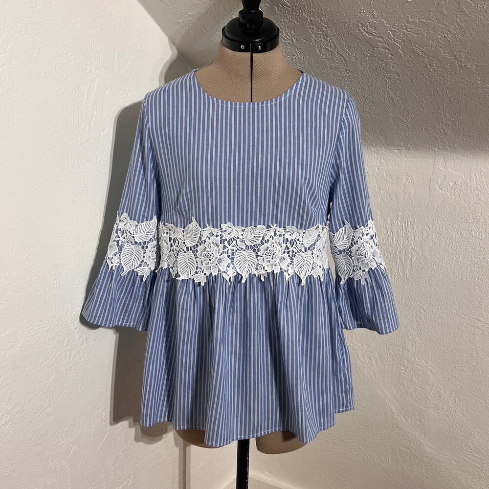 Cottagecore Blue Stripe Lace Babydoll Tunic Top Small Boutique Style